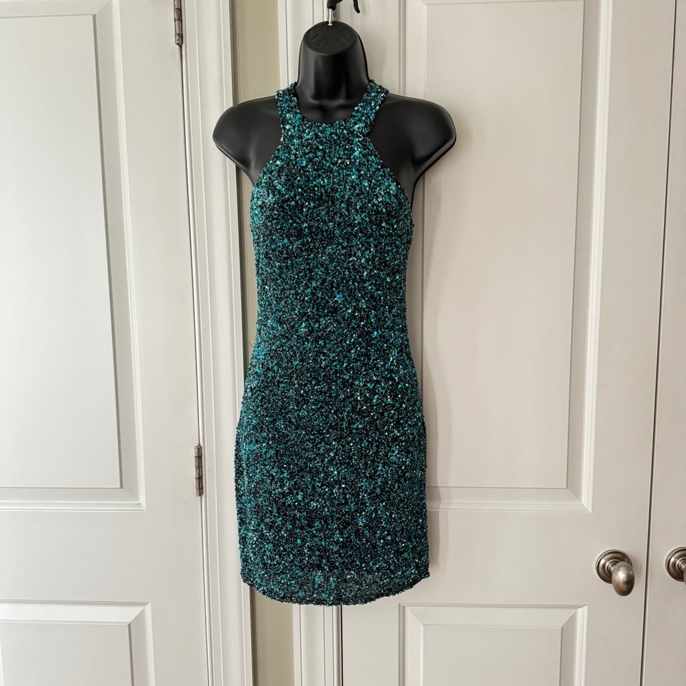 Parker XS Mariah Teal Beaded Sequined Mini Dress